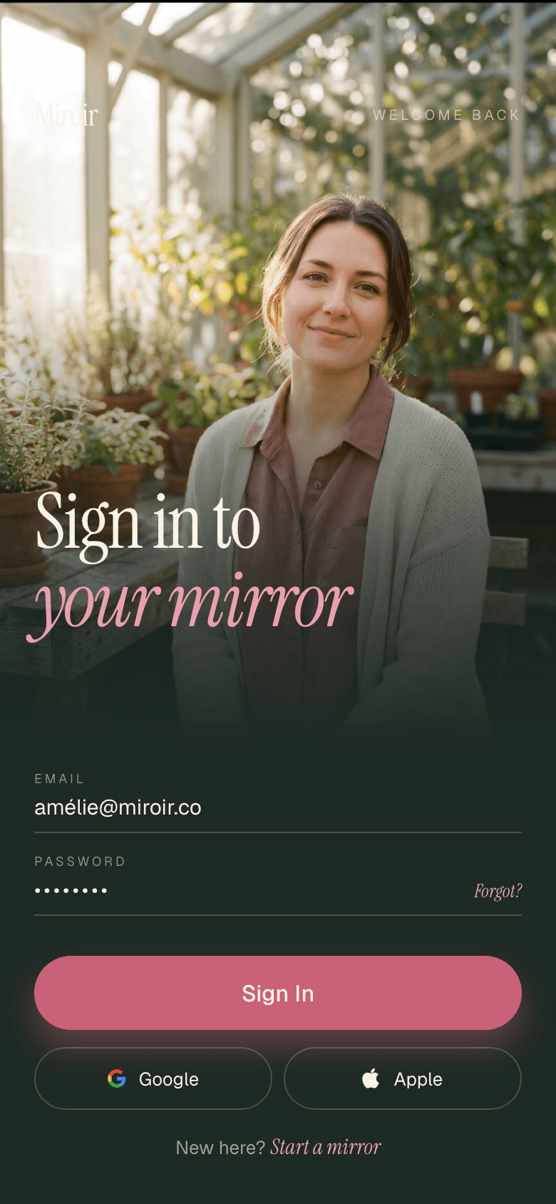 Miroir sign-in screen